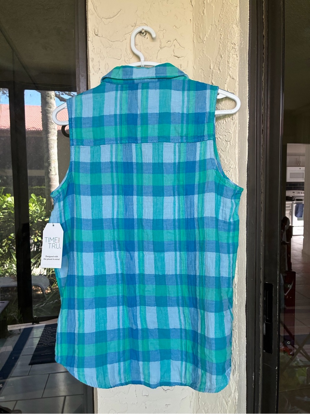 Sleeveless Plaid Button-Front Shirt - Teal & Blue - Picture 4 of 4